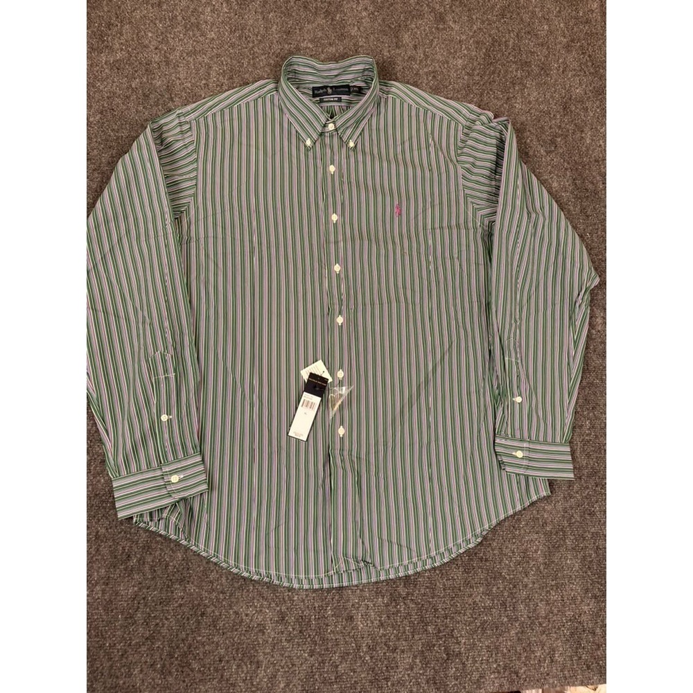 NWT Ralph Lauren Green Striped Button Down Shirt Cotton Men's Custom Fit Size XL